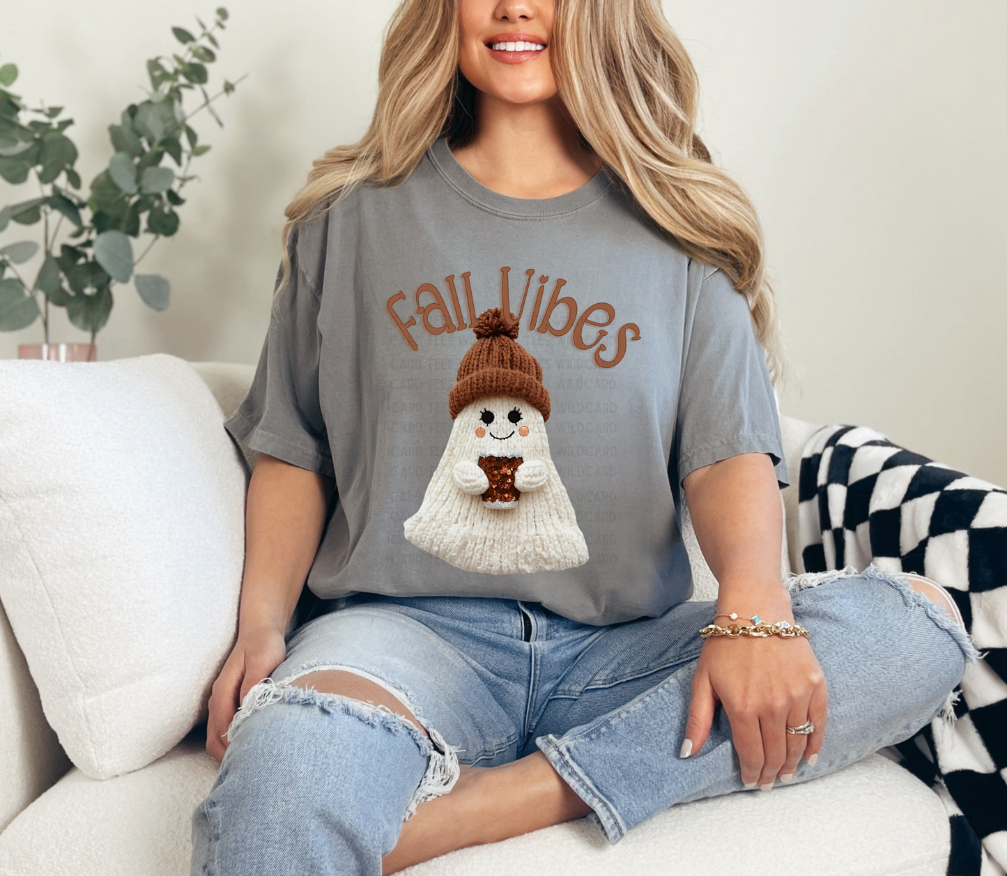 Fall Vibes Cozy Ghost T-Shirt | Cute Faux Knit Fall Ghost Tee for Women | Autumn Aesthetic Top