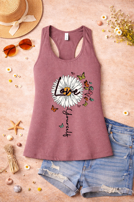 Love Yourself Daisy Butterfly Racerback Tank | Inspirational Graphic Tank Top | Summer Floral Shirt | Positive Vibes Apparel