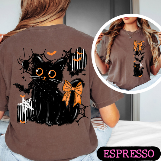 Spooky Black Cat Halloween Comfort Colors Tee | Front & Back Graphic Shirt