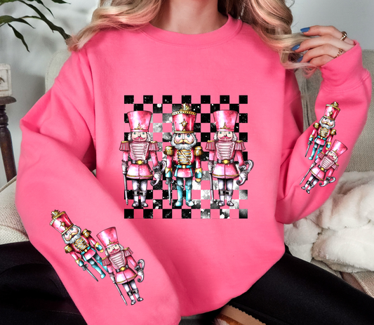 Pink Nutcracker Christmas Sweatshirt | Checkerboard Retro Nutcracker Crewneck | Holiday Sleeve Print Sweater