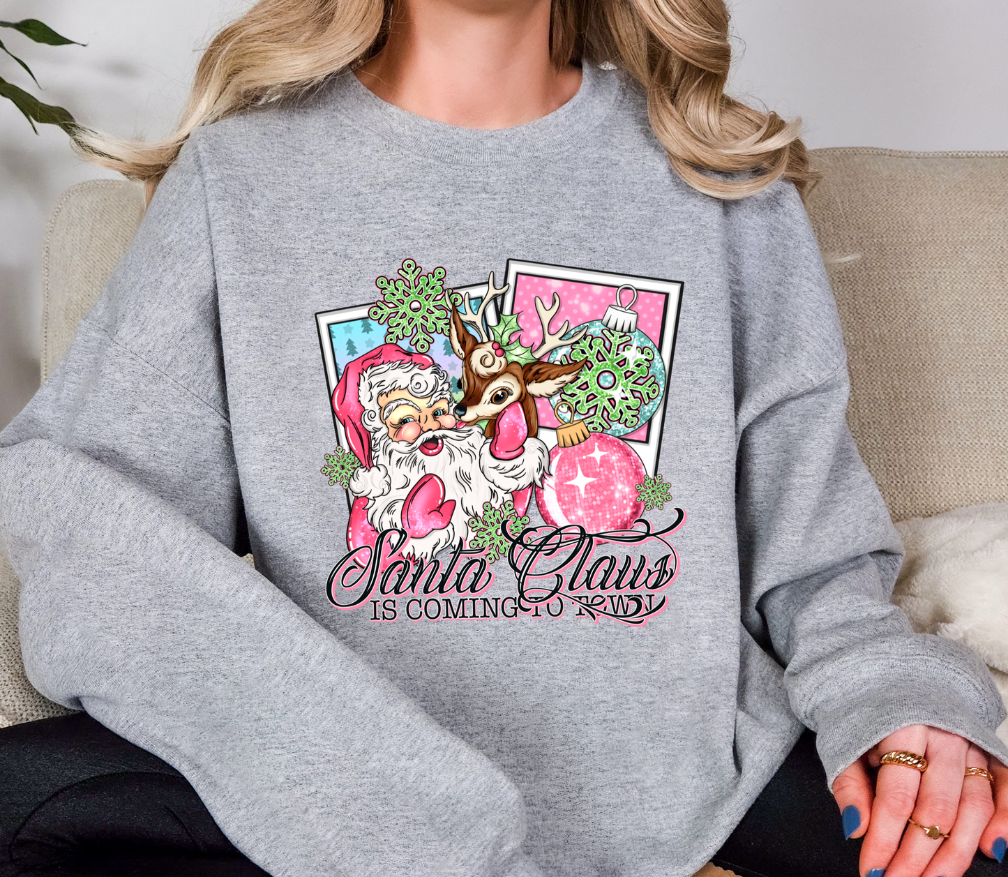 Retro Pink Santa & Reindeer Christmas Sweatshirt | Santa Claus Is Coming To Town | Vintage Holiday Crewneck