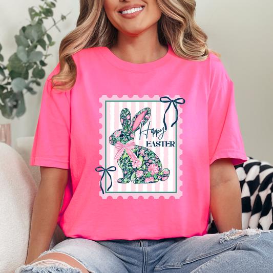 Floral Bunny Happy Easter Graphic Tee – Vintage Stamp Style Spring Shirt | Cute Easter Bunny Shirt Women
