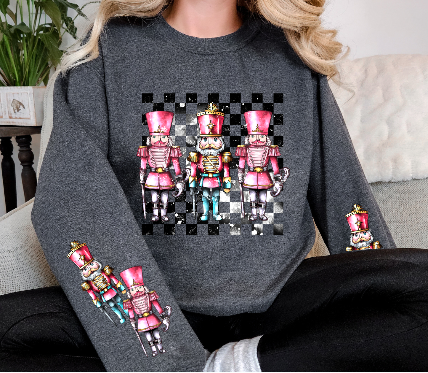 Pink Nutcracker Christmas Sweatshirt | Checkerboard Retro Nutcracker Crewneck | Holiday Sleeve Print Sweater