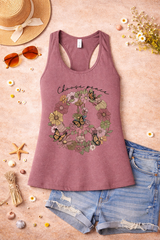 Choose Peace Tank | Floral Peace Sign Butterfly Graphic | Boho Inspirational Summer Top