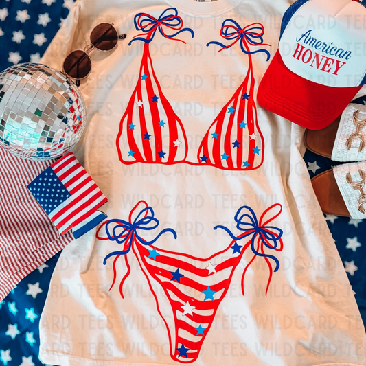 American Honey Patriotic Bikini Bow Oversized Tee & Trucker Hat Set | 4th of July Graphic Shirt