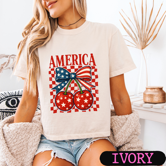 🇺🇸 America Cherry Bow Patriotic T-Shirt | Fourth of July Graphic Tee | Vintage USA Shirt | Women's Independence Day Tee
