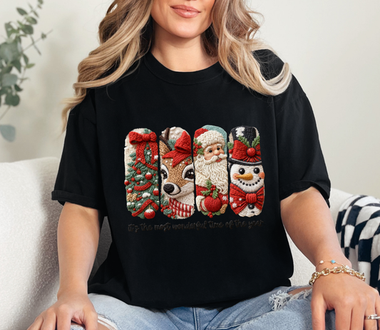 Christmas Embroidered Characters Tee “Most Wonderful Time of the Year” | Faux Yarn Merry Christmas Tshirt | Yarn Christmas Tree Tshirt | Realistic Yarn Tshirt