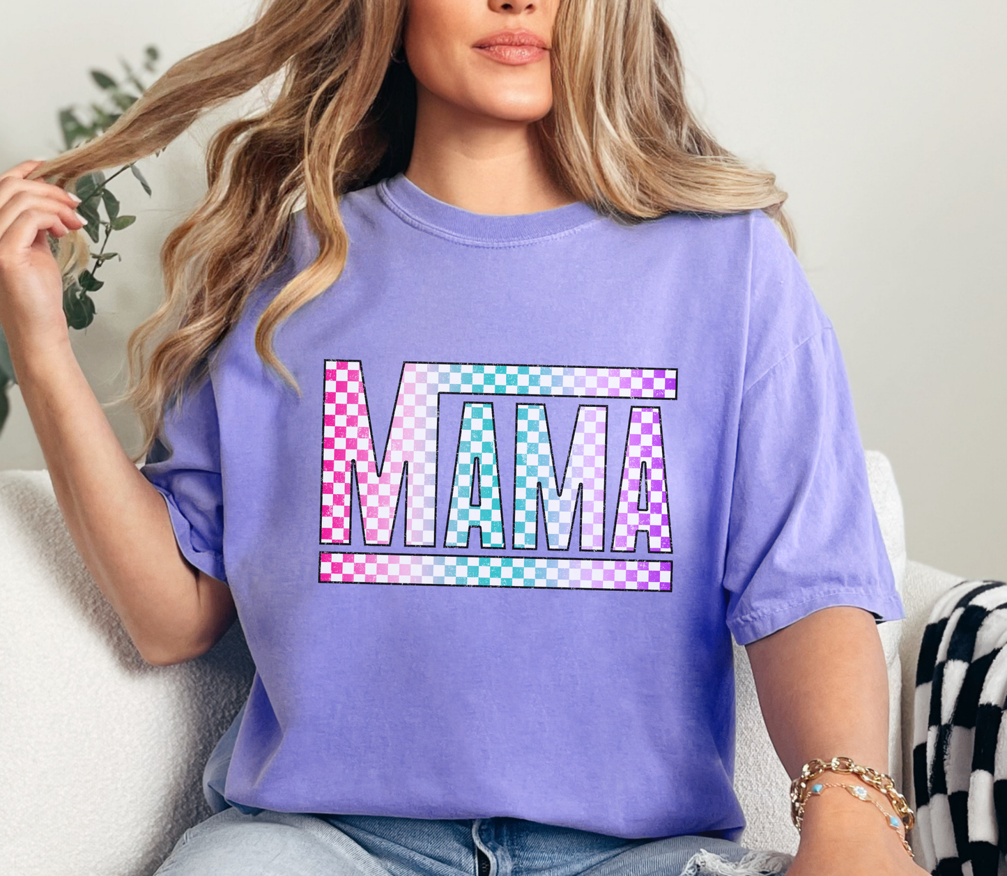 Checkered Mama Shirt – Trendy Mom Graphic Tee | Comfort Colors Mama Tee | Retro Checkered Mom Shirt
