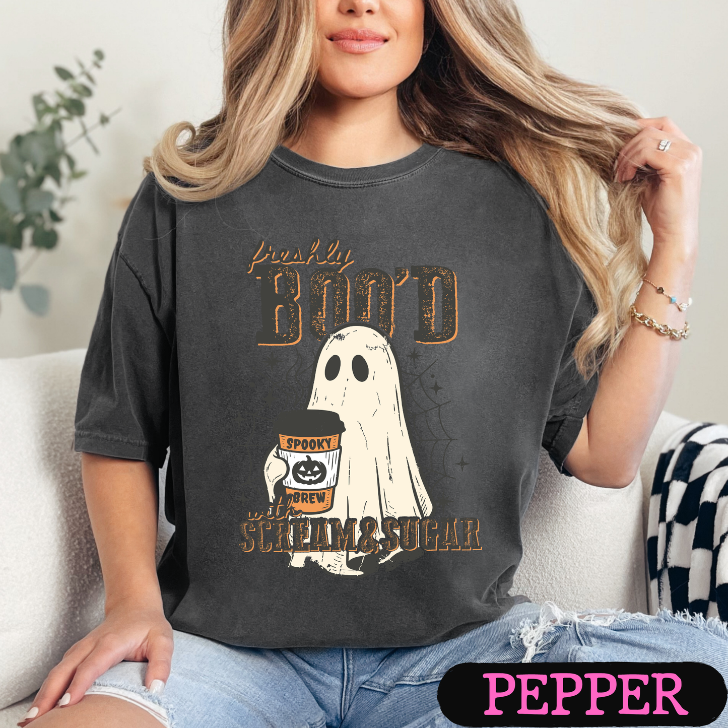 Freshly Boo'd with Scream & Sugar Ghost Halloween Coffee Shirt | Cute Fall Graphic Tee | Comfort Colors Halloween Tee