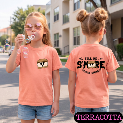 Tell Me S'More Spooky Stories Comfort Colors Halloween Ghost Campfire Shirt | Cute Fall Graphic Tee | Funny Autumn Camping Shirt | Pocket & Back Print