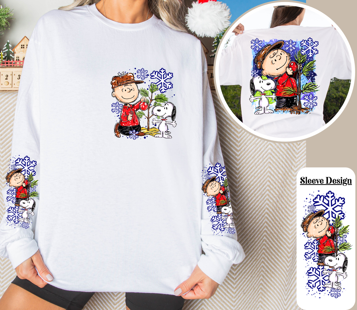 Vintage Christmas Tree Long Sleeve Shirt | Cute Dog Holiday Front, Back & Sleeve Designs