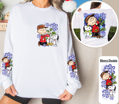 Vintage Christmas Tree Long Sleeve Shirt | Cute Dog Holiday Front, Back & Sleeve Designs