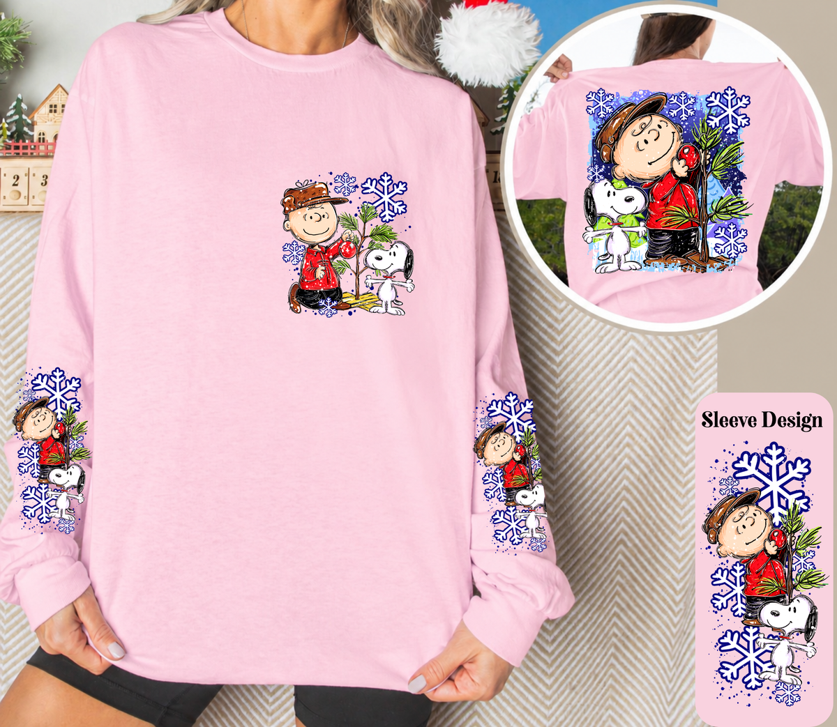 Vintage Christmas Tree Long Sleeve Shirt | Cute Dog Holiday Front, Back & Sleeve Designs
