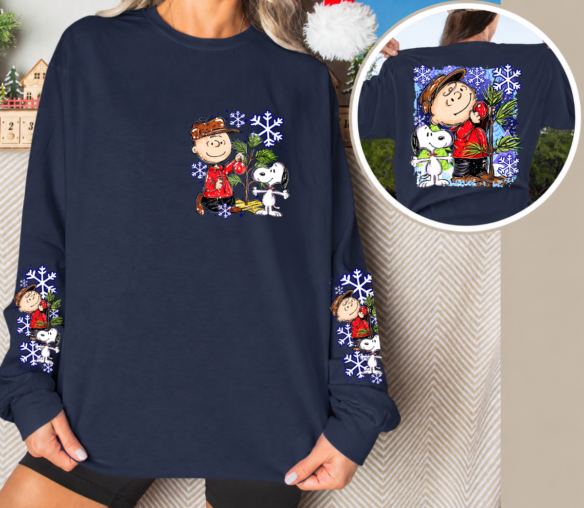 Vintage Christmas Tree Long Sleeve Shirt | Cute Dog Holiday Front, Back & Sleeve Designs