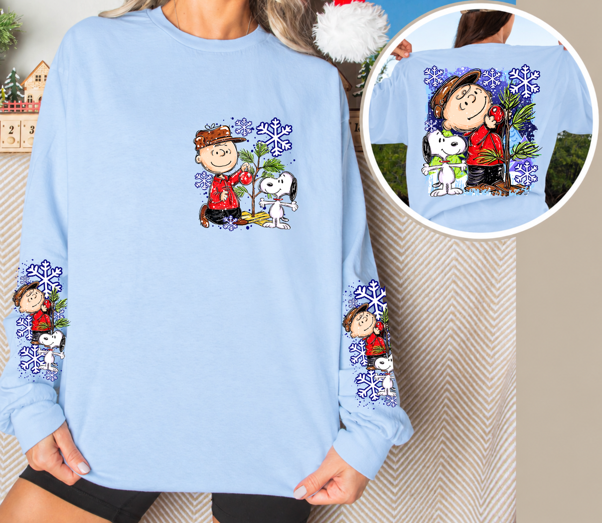 Vintage Christmas Tree Long Sleeve Shirt | Cute Dog Holiday Front, Back & Sleeve Designs
