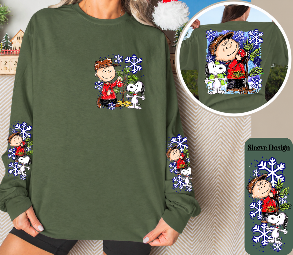 Vintage Christmas Tree Long Sleeve Shirt | Cute Dog Holiday Front, Back & Sleeve Designs