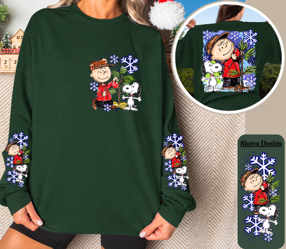 Vintage Christmas Tree Long Sleeve Shirt | Cute Dog Holiday Front, Back & Sleeve Designs