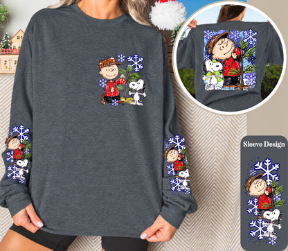 Vintage Christmas Tree Long Sleeve Shirt | Cute Dog Holiday Front, Back & Sleeve Designs