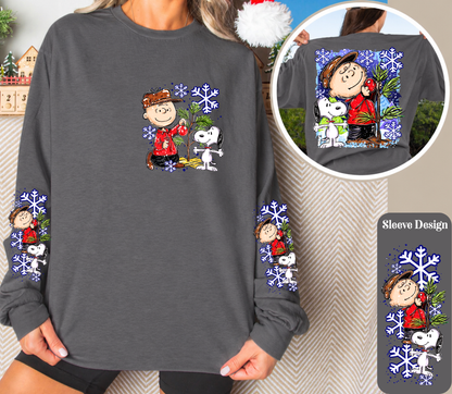 Vintage Christmas Tree Long Sleeve Shirt | Cute Dog Holiday Front, Back & Sleeve Designs