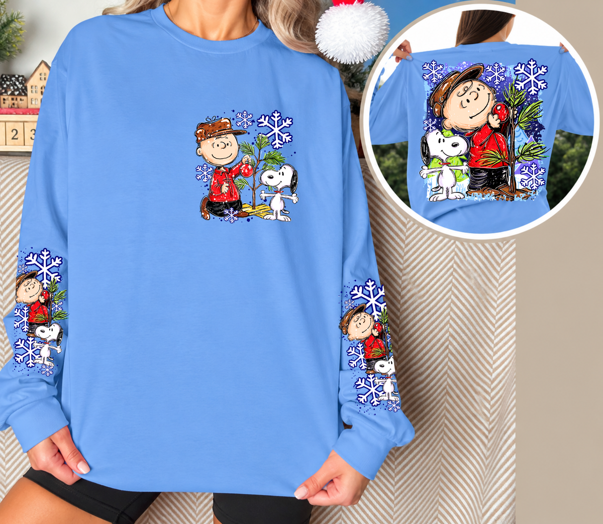 Vintage Christmas Tree Long Sleeve Shirt | Cute Dog Holiday Front, Back & Sleeve Designs