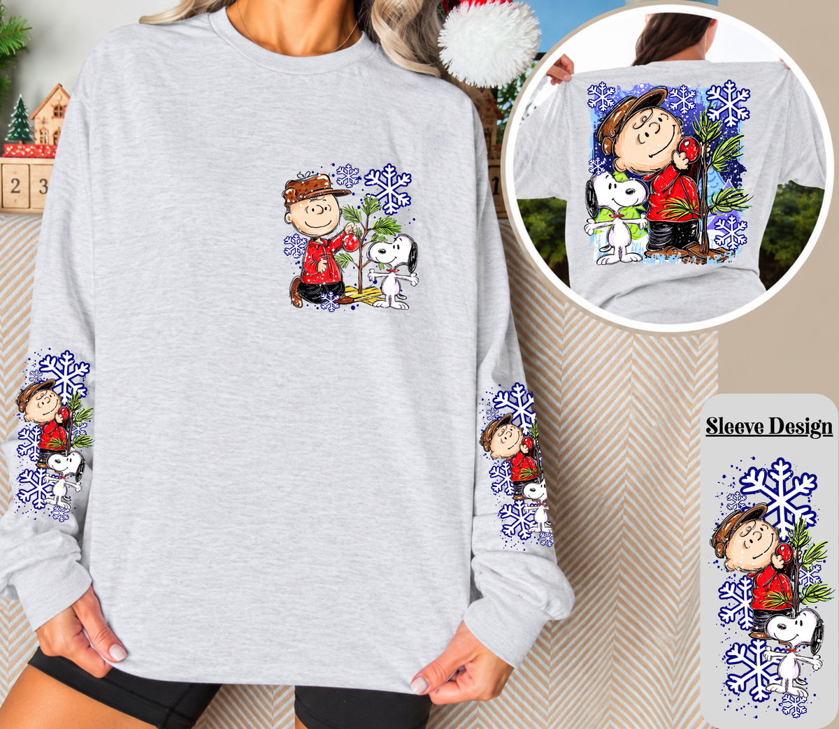 Vintage Christmas Tree Long Sleeve Shirt | Cute Dog Holiday Front, Back & Sleeve Designs
