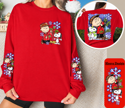 Vintage Christmas Tree Long Sleeve Shirt | Cute Dog Holiday Front, Back & Sleeve Designs