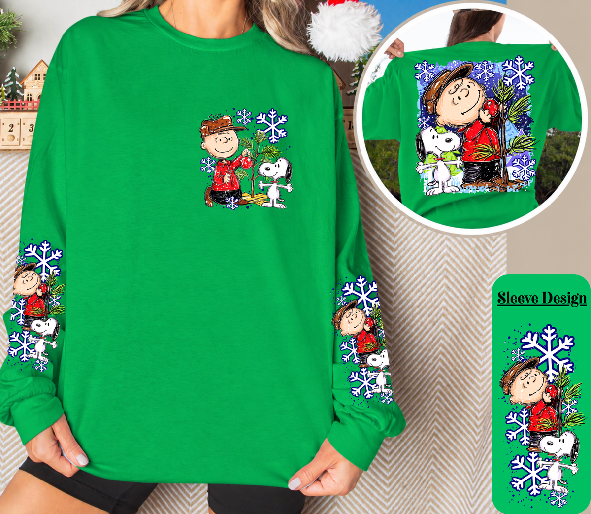 Vintage Christmas Tree Long Sleeve Shirt | Cute Dog Holiday Front, Back & Sleeve Designs