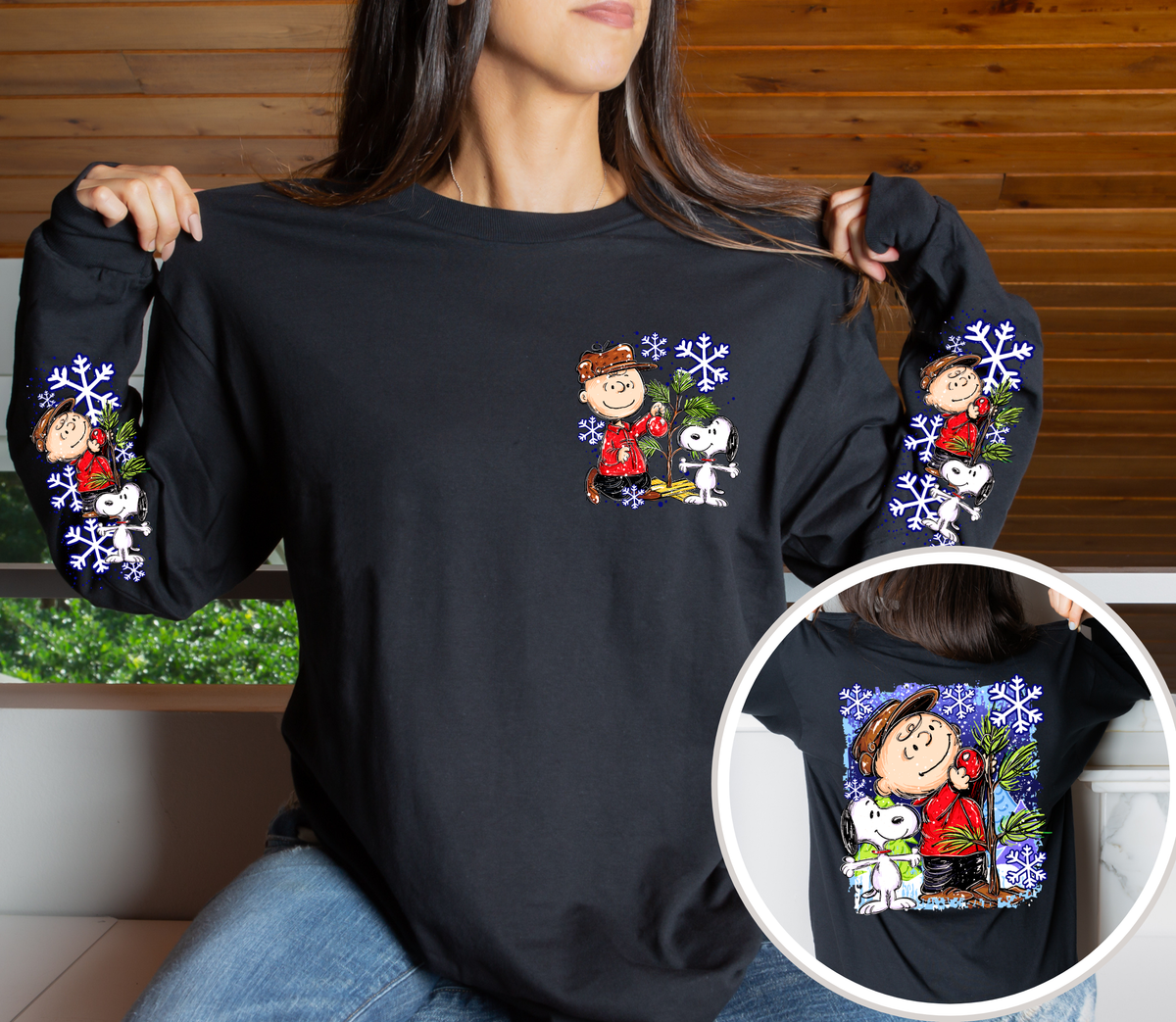Vintage Christmas Tree Long Sleeve Shirt | Cute Dog Holiday Front, Back & Sleeve Designs