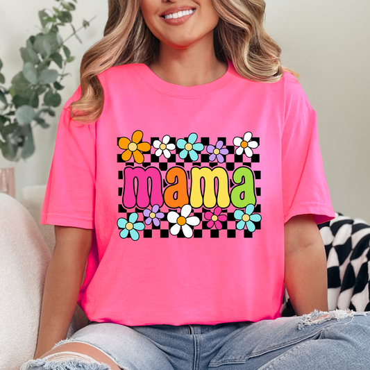 Neon Mama T-Shirt – Retro Floral Checkerboard Graphic Tee | Trendy Spring Mom Shirt