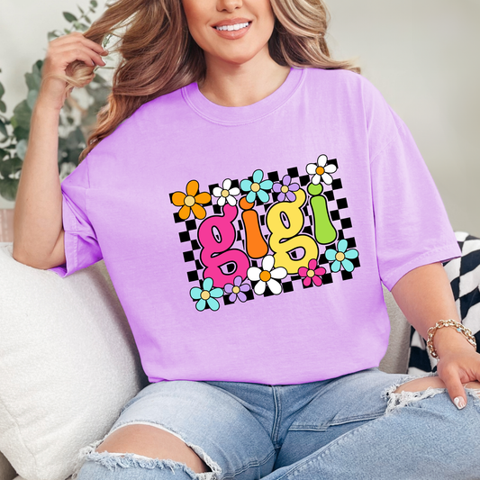 Neon Mama T-Shirt – Retro Floral Checkerboard Graphic Tee | Trendy Spring Mom Shirt