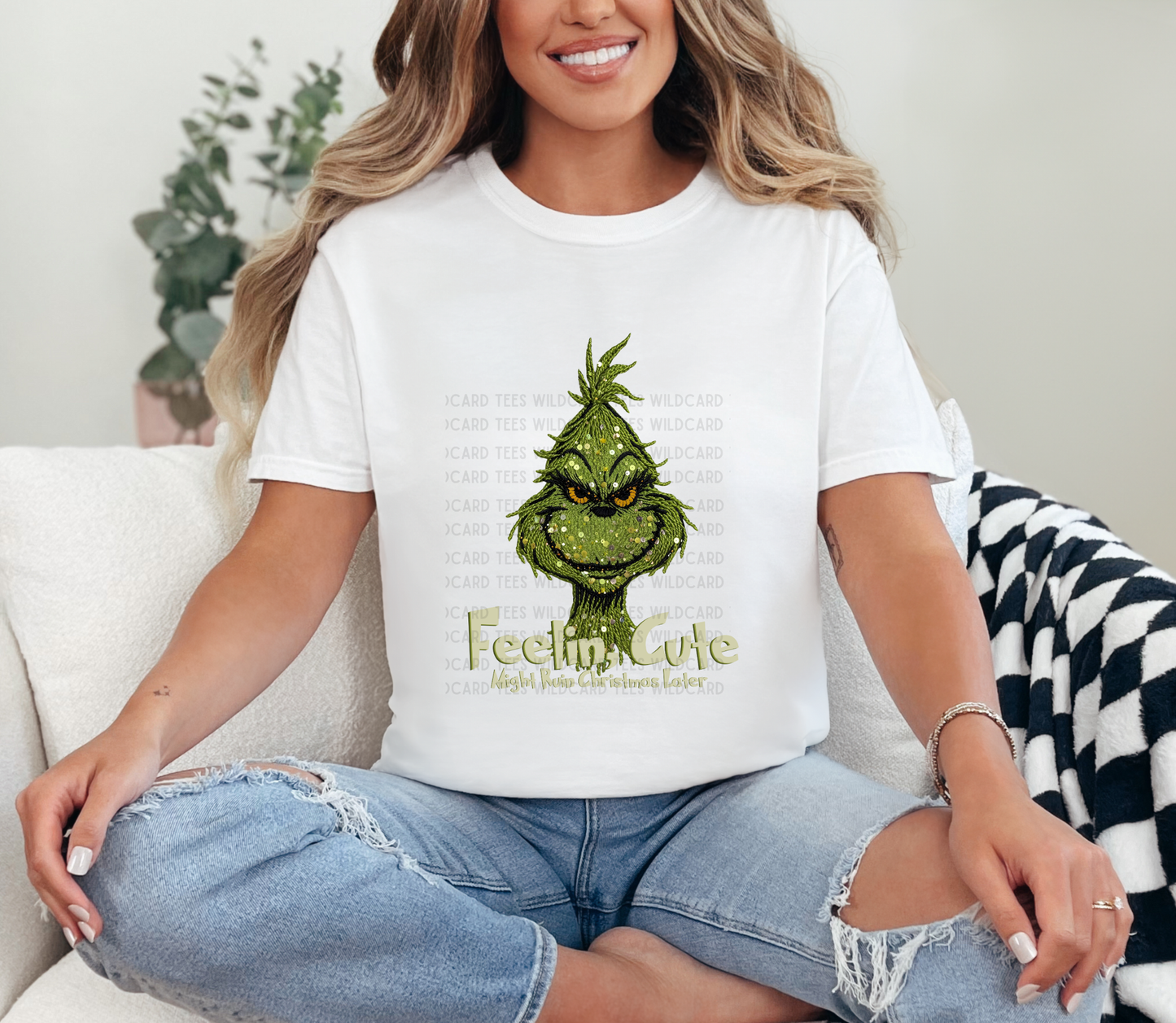 Feelin’ Cute Might Ruin Christmas Later Tee | Funny Green Guy Graphic Shirt | Faux Yarn Green Guy Comfort Colors Tshirt