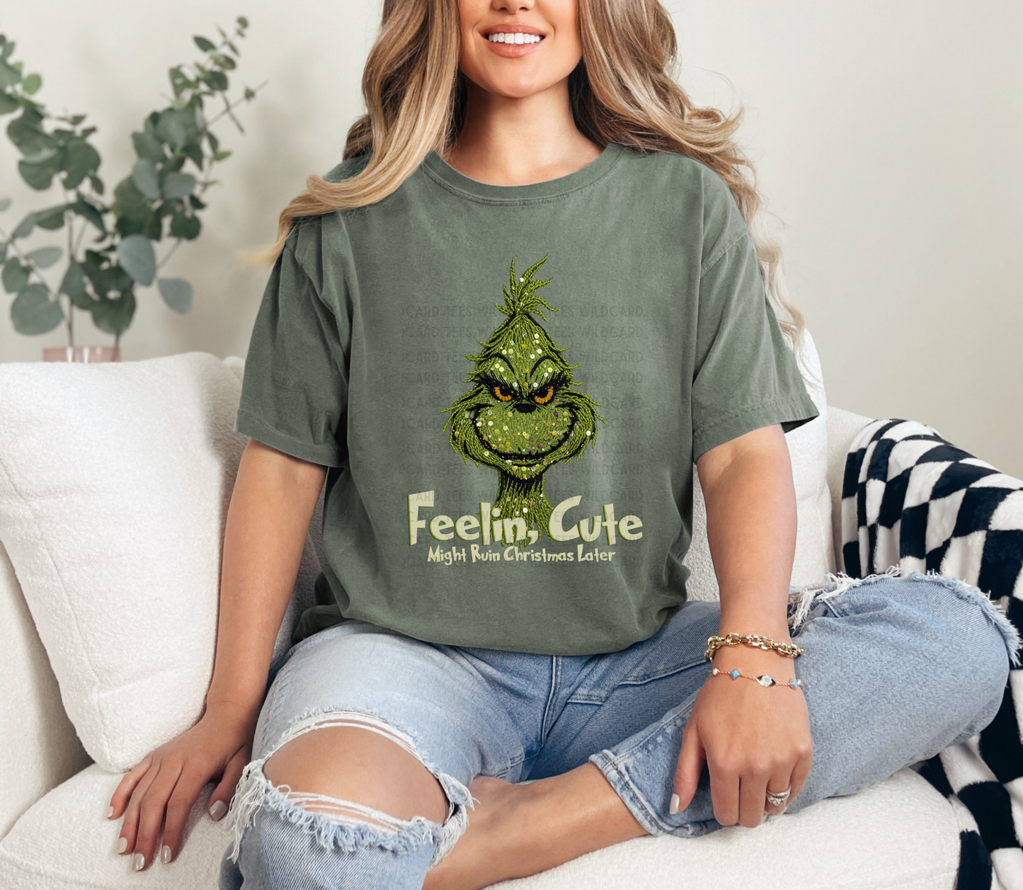 Feelin’ Cute Might Ruin Christmas Later Tee | Funny Green Guy Graphic Shirt | Faux Yarn Green Guy Comfort Colors Tshirt