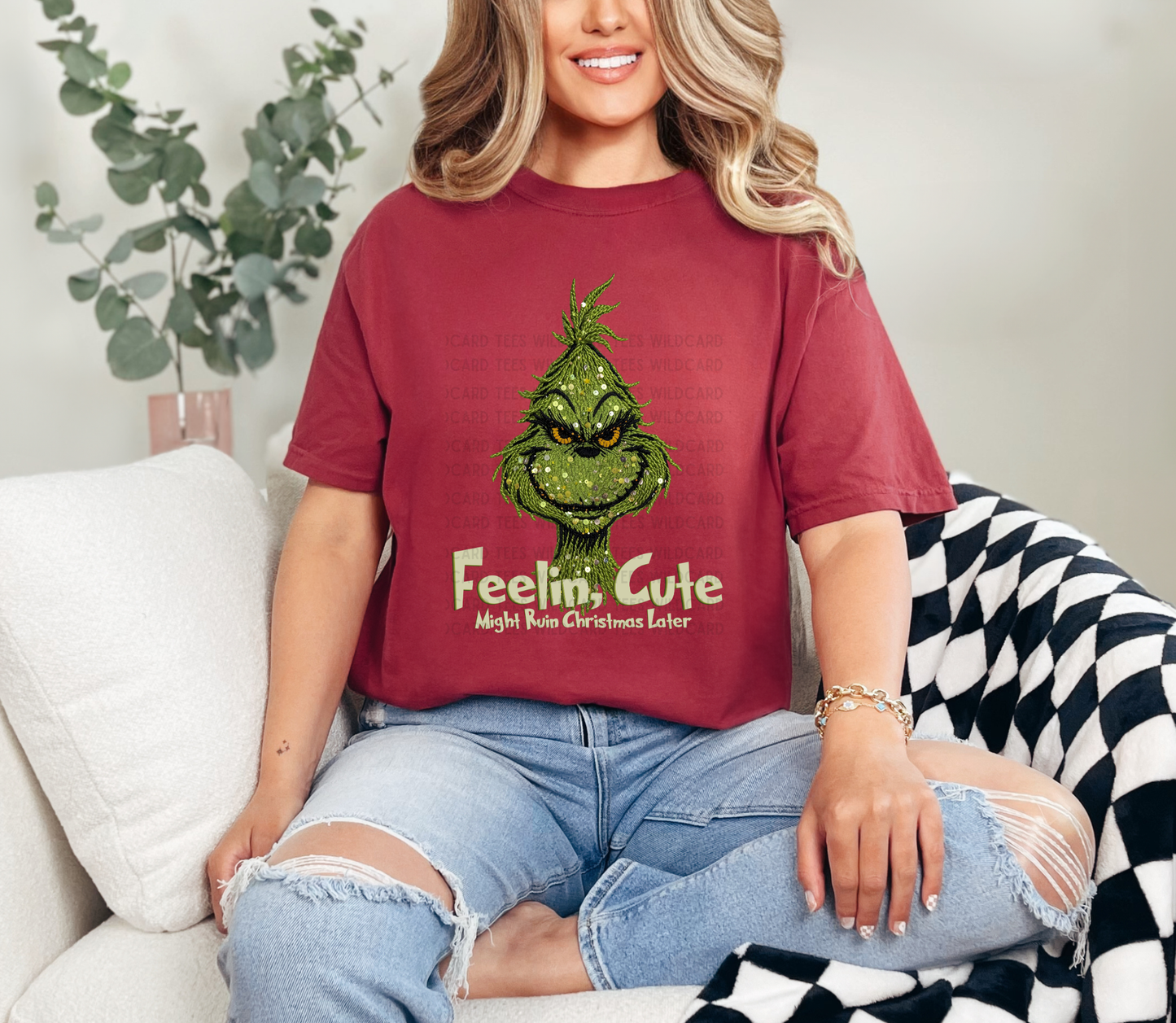 Feelin’ Cute Might Ruin Christmas Later Tee | Funny Green Guy Graphic Shirt | Faux Yarn Green Guy Comfort Colors Tshirt