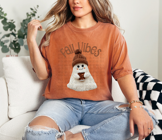 Fall Vibes Cozy Ghost T-Shirt | Cute Faux Knit Fall Ghost Tee for Women | Autumn Aesthetic Top