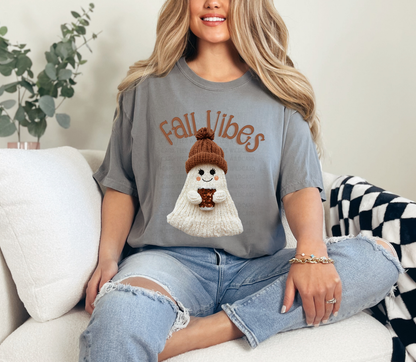 Fall Vibes Cozy Ghost T-Shirt | Cute Faux Knit Fall Ghost Tee for Women | Autumn Aesthetic Top