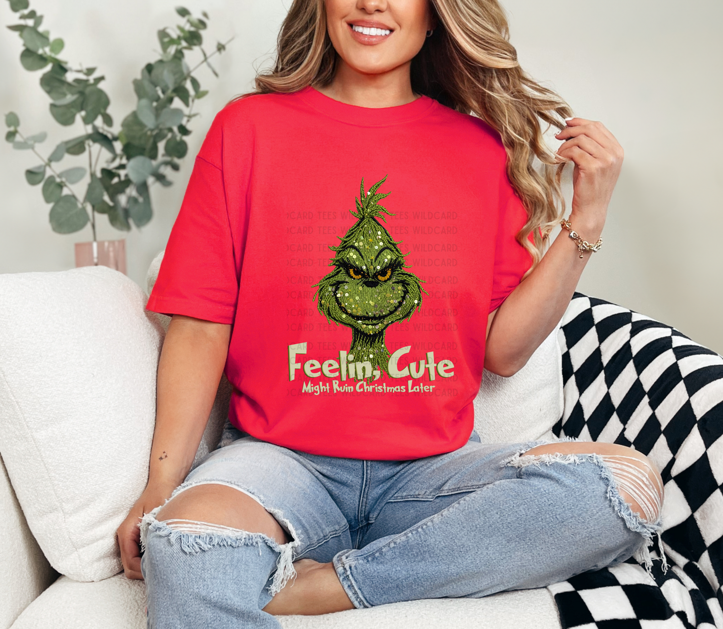 Feelin’ Cute Might Ruin Christmas Later Tee | Funny Green Guy Graphic Shirt | Faux Yarn Green Guy Comfort Colors Tshirt