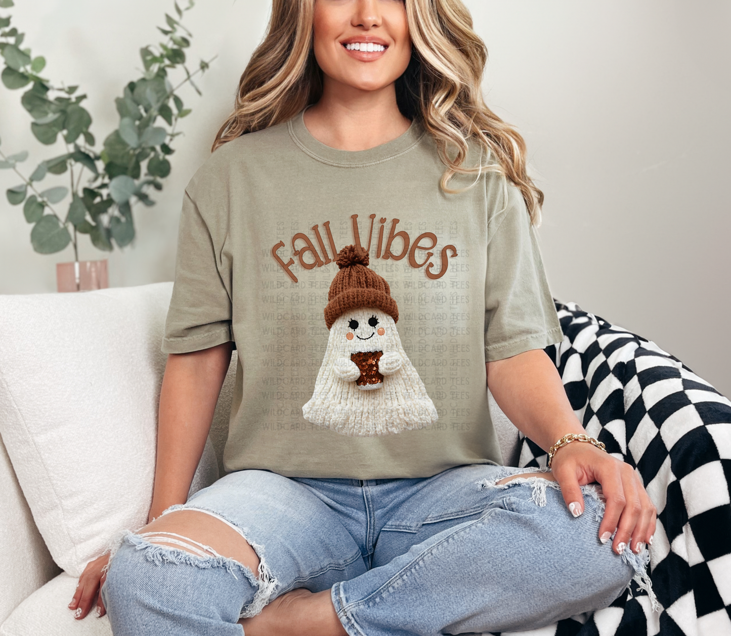 Fall Vibes Cozy Ghost T-Shirt | Cute Faux Knit Fall Ghost Tee for Women | Autumn Aesthetic Top
