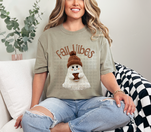 Fall Vibes Cozy Ghost T-Shirt | Cute Faux Knit Fall Ghost Tee for Women | Autumn Aesthetic Top