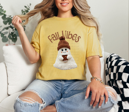 Fall Vibes Cozy Ghost T-Shirt | Cute Faux Knit Fall Ghost Tee for Women | Autumn Aesthetic Top