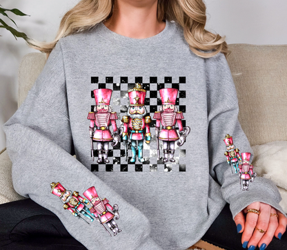 Pink Nutcracker Christmas Sweatshirt | Checkerboard Retro Nutcracker Crewneck | Holiday Sleeve Print Sweater