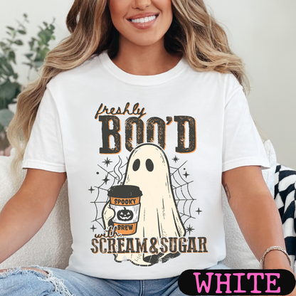 Freshly Boo'd with Scream & Sugar Ghost Halloween Coffee Shirt | Cute Fall Graphic Tee | Comfort Colors Halloween Tee
