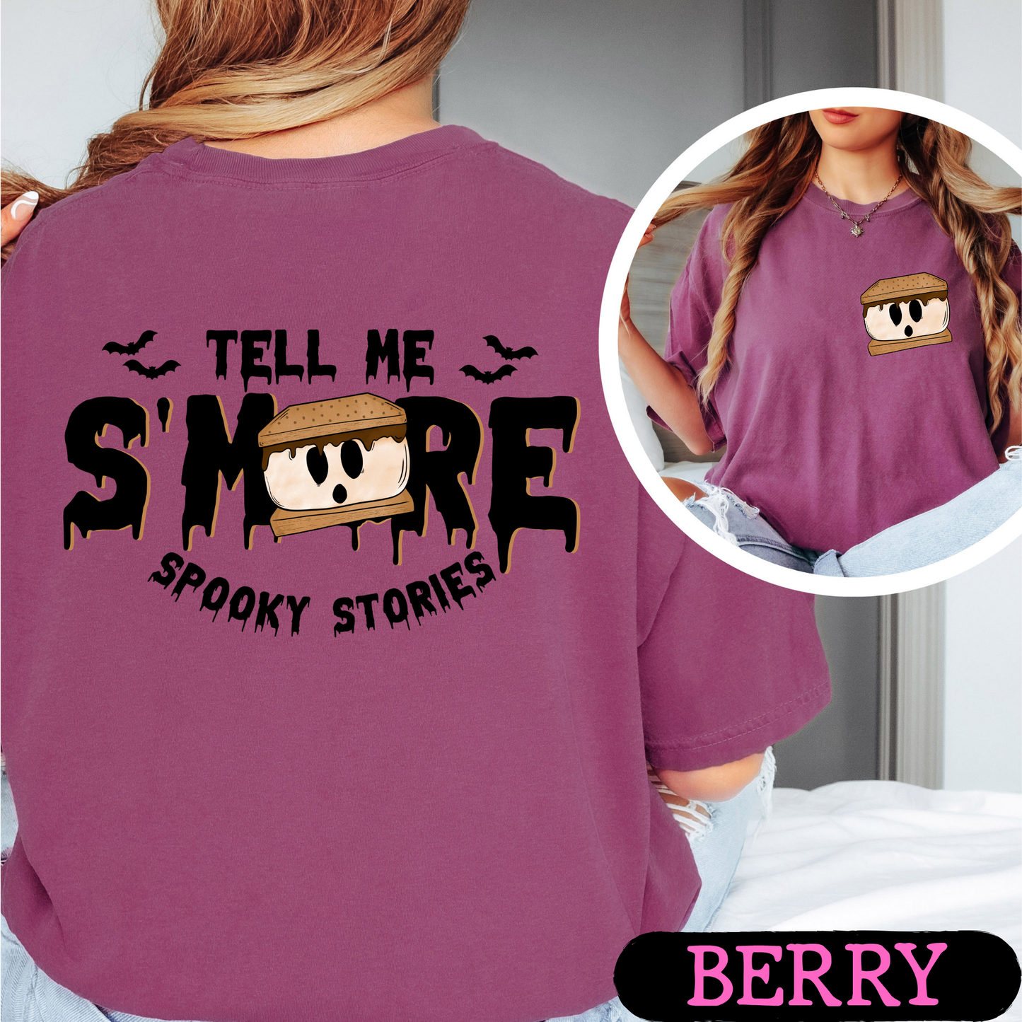 Tell Me S'More Spooky Stories Comfort Colors Halloween Ghost Campfire Shirt | Cute Fall Graphic Tee | Funny Autumn Camping Shirt | Pocket & Back Print