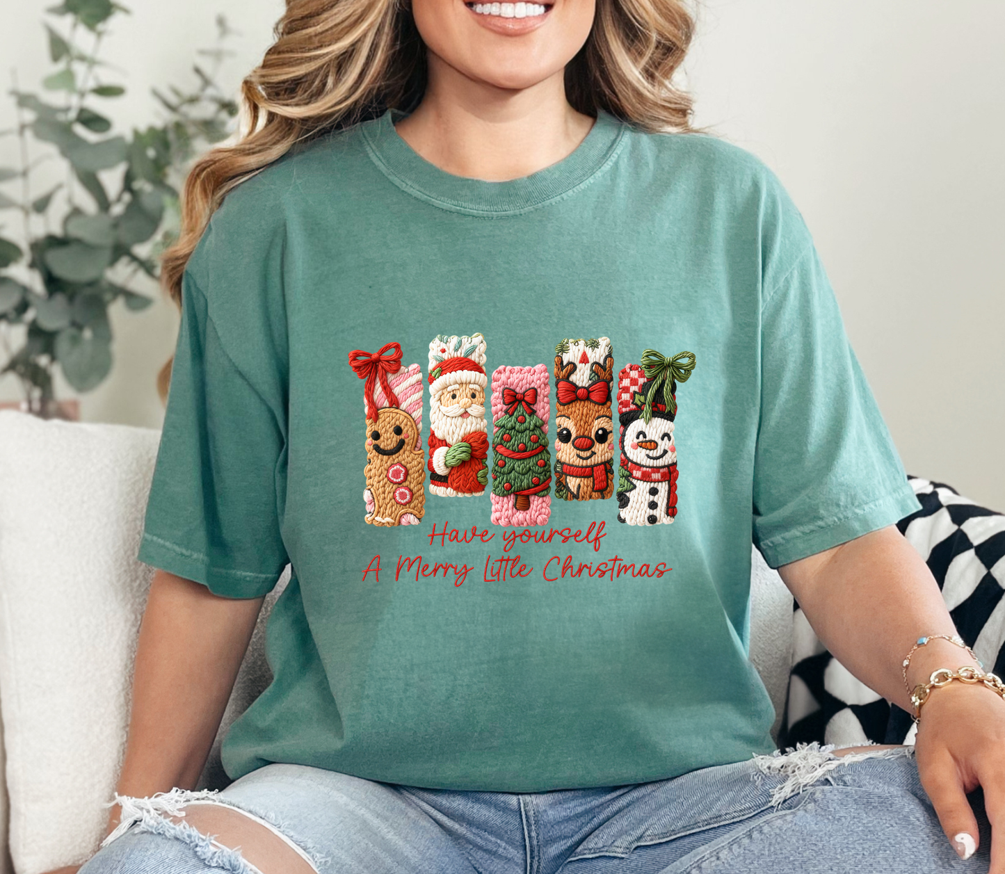 Have Yourself a Merry Little Christmas Tee | Cozy Faux Knit Character Holiday Shirt | Cute Gingerbread, Santa, Reindeer & Snowman