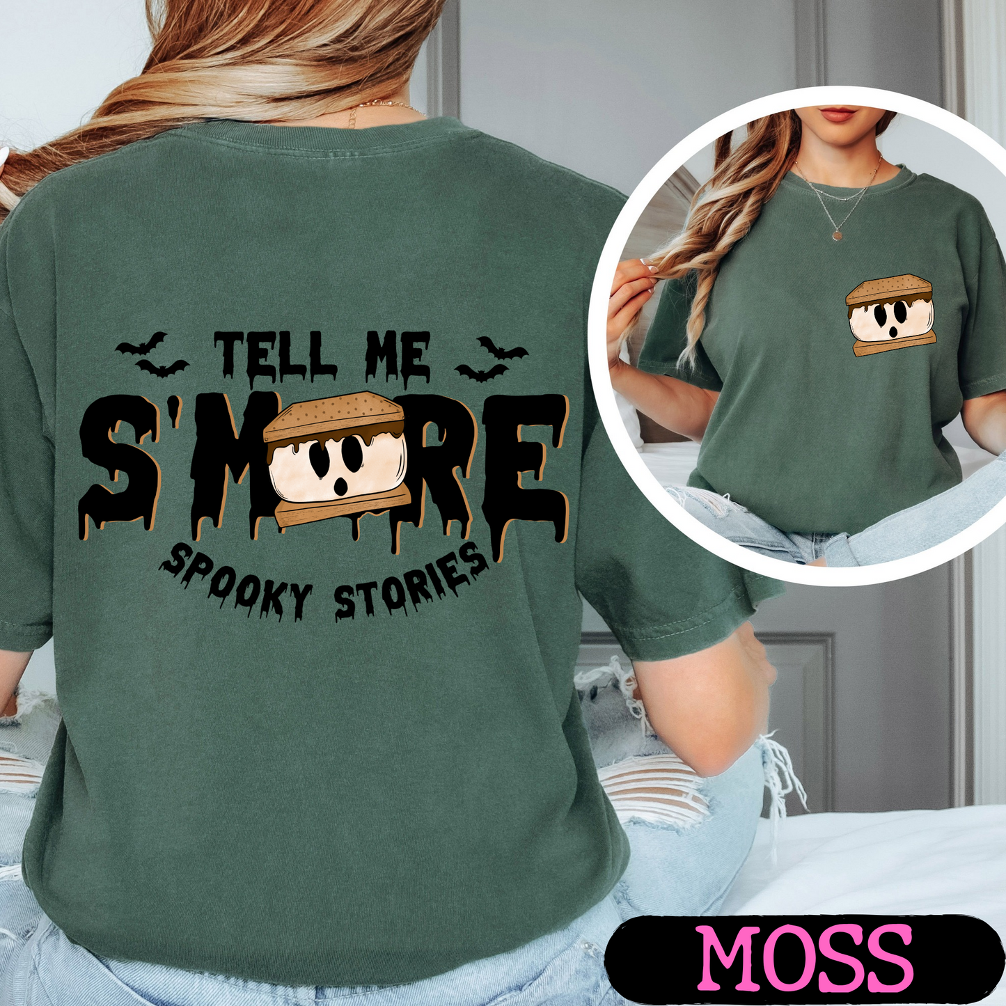 Tell Me S'More Spooky Stories Comfort Colors Halloween Ghost Campfire Shirt | Cute Fall Graphic Tee | Funny Autumn Camping Shirt | Pocket & Back Print