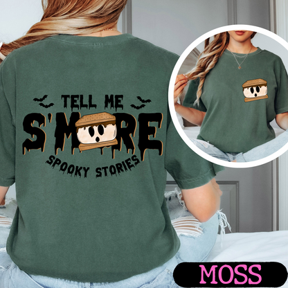 Tell Me S'More Spooky Stories Comfort Colors Halloween Ghost Campfire Shirt | Cute Fall Graphic Tee | Funny Autumn Camping Shirt | Pocket & Back Print