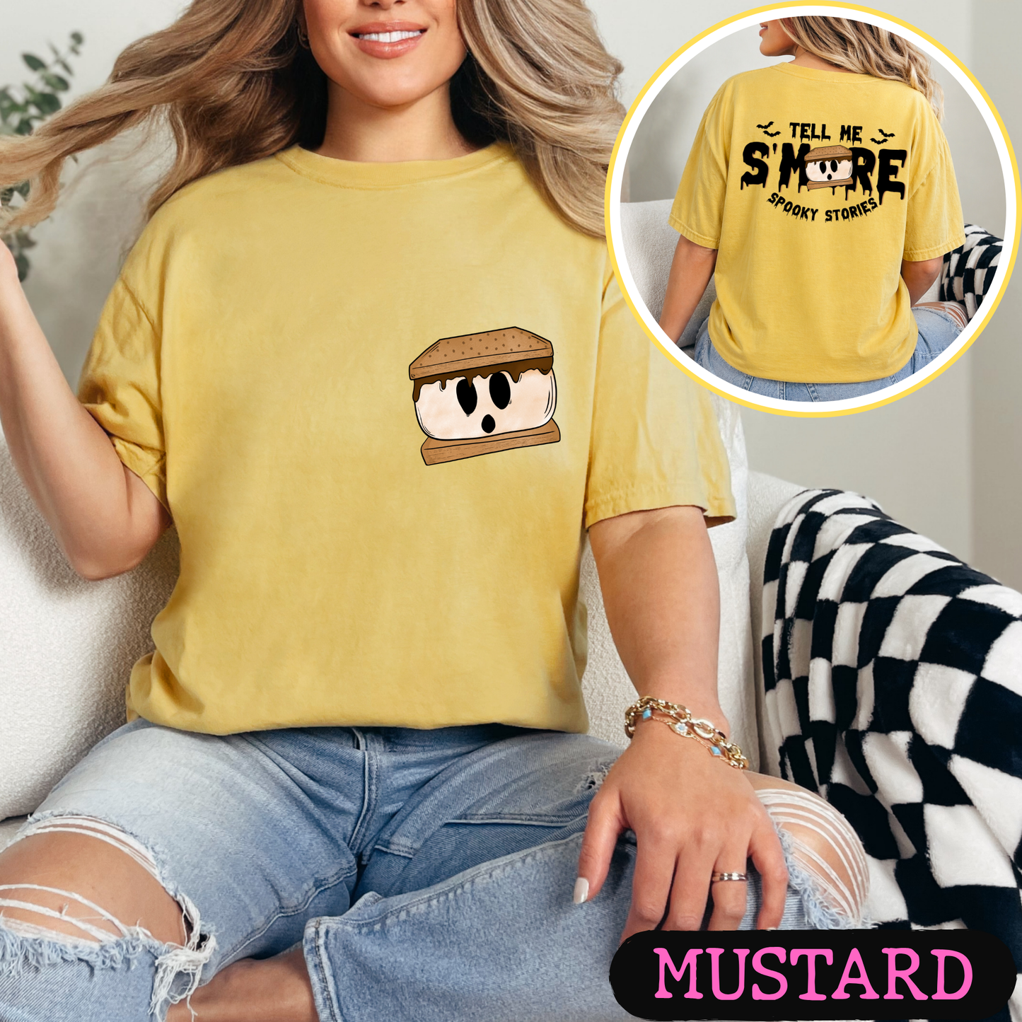 Tell Me S'More Spooky Stories Comfort Colors Halloween Ghost Campfire Shirt | Cute Fall Graphic Tee | Funny Autumn Camping Shirt | Pocket & Back Print