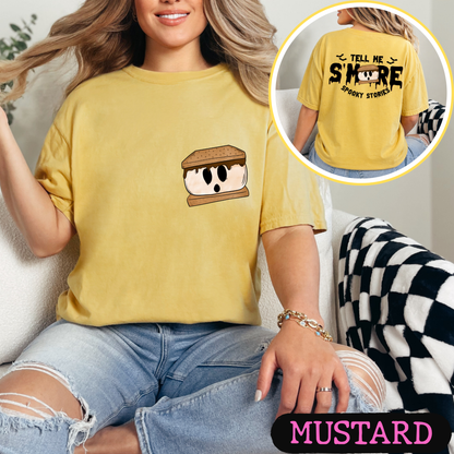 Tell Me S'More Spooky Stories Comfort Colors Halloween Ghost Campfire Shirt | Cute Fall Graphic Tee | Funny Autumn Camping Shirt | Pocket & Back Print