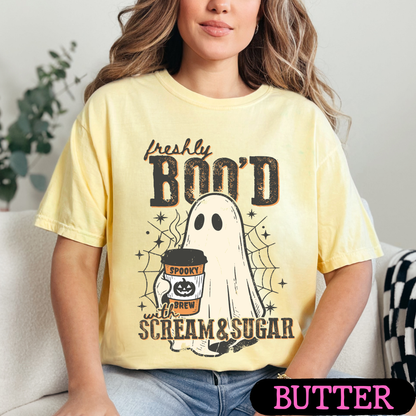 Freshly Boo'd with Scream & Sugar Ghost Halloween Coffee Shirt | Cute Fall Graphic Tee | Comfort Colors Halloween Tee
