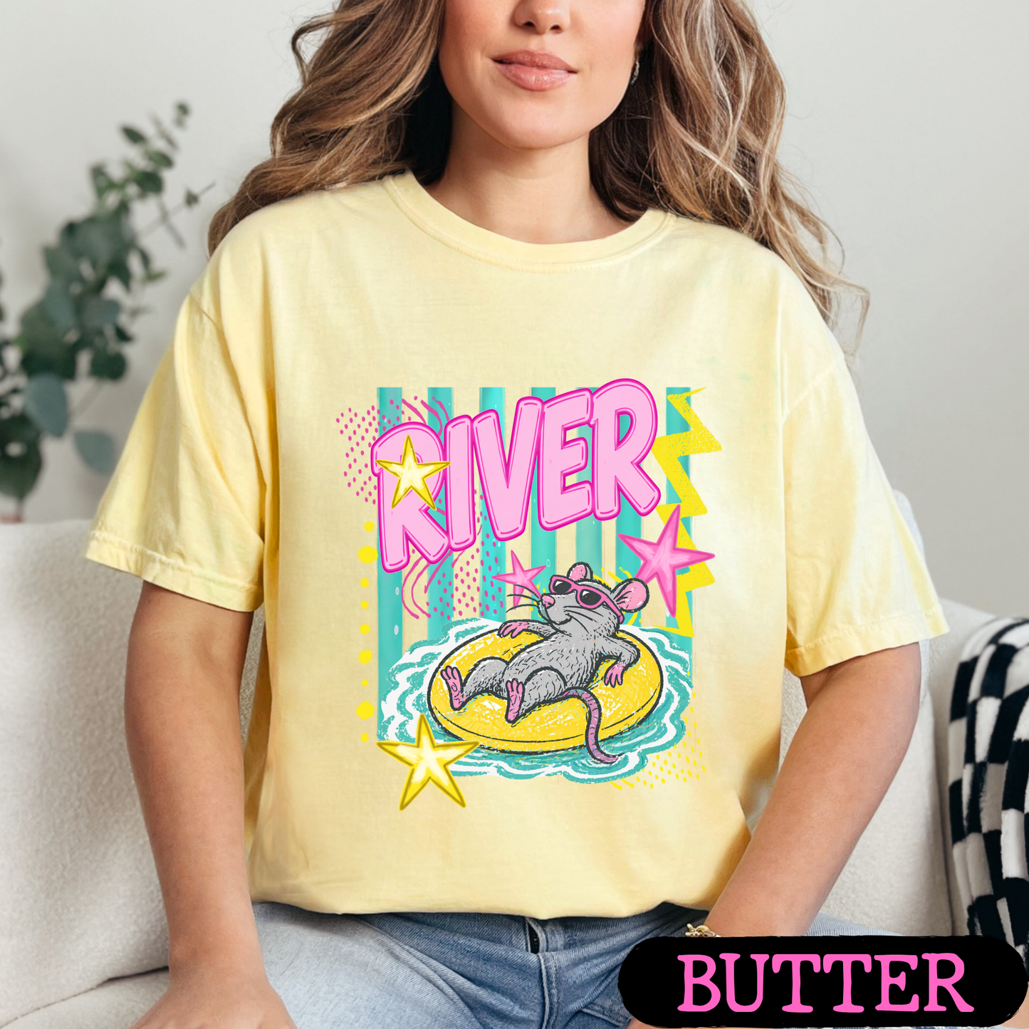 River Rat Retro Summer Graphic Tee | Cute Pool Float Mouse Shirt | Bright Neon Comfort Colors T-Shirt