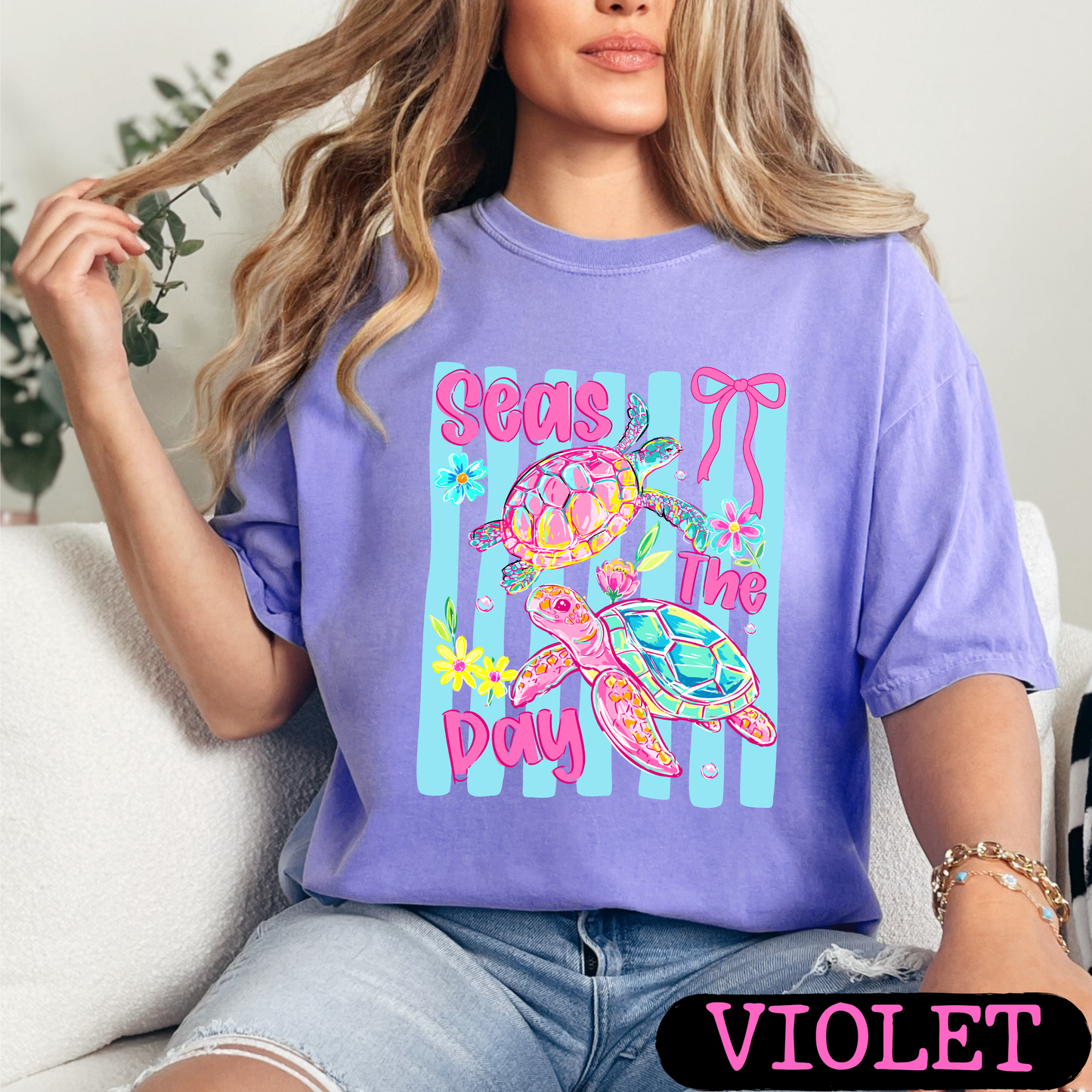 Seas The Day Sea Turtle Graphic Tee | Coastal Beach Shirt | Summer Vacation Tee | Ocean Lover Gift | Cute Turtle Shirt